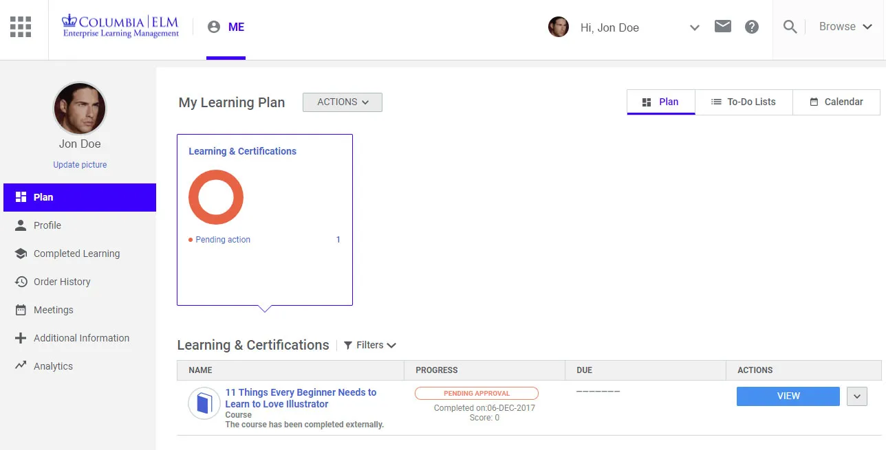 A sample ELM homepage showing the Learning Plan section.